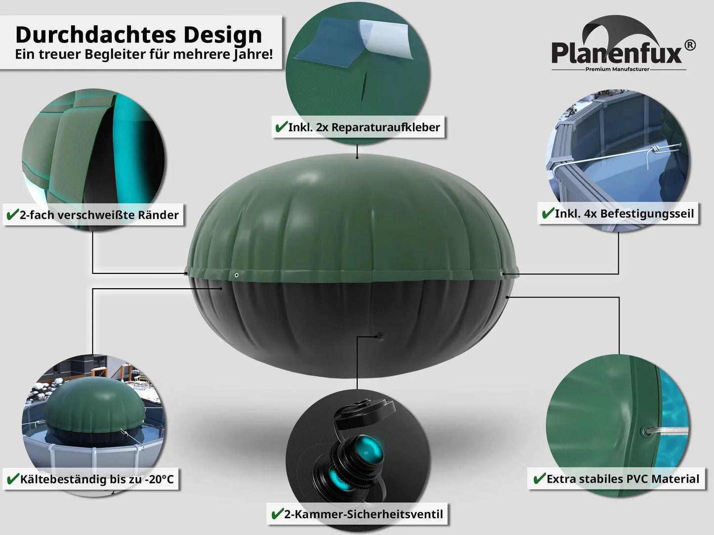 Durchdachtes Design. Ein treuer Begleiter für viele Jahre! Inkl. 2x Reparaturaufkleber. 2-fach verschweißte Ränder, Kältbeständig bis zu -20°C, 2-Kammer-Sicheheitsventil, Extra stabiles PVC Material, inkl. 4x Befestigungsseil