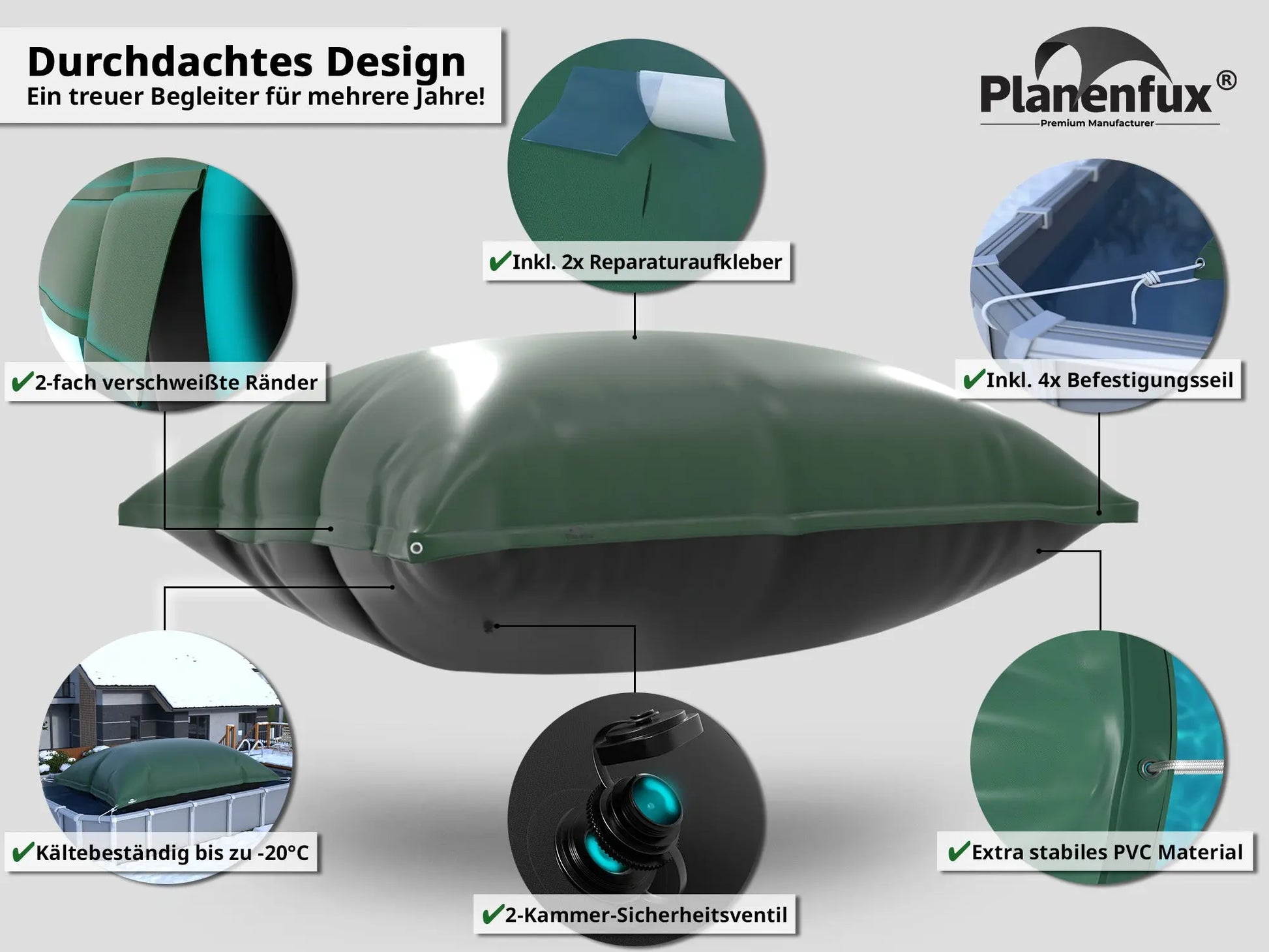 Durchdachtes Design. Ein treuer Begleiter für viele Jahre! Inkl. 2x Reparaturaufkleber. 2-fach verschweißte Ränder, Kältbeständig bis zu -20°C, 2-Kammer-Sicheheitsventil, Extra stabiles PVC Material, inkl. 4x Befestigungsseil