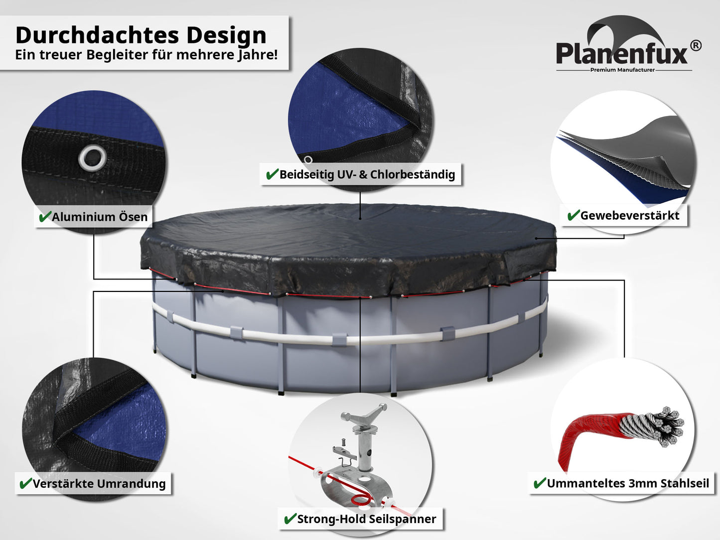 Poolabdeckung rund - blau - Ø340 - 820cm  Planenfux